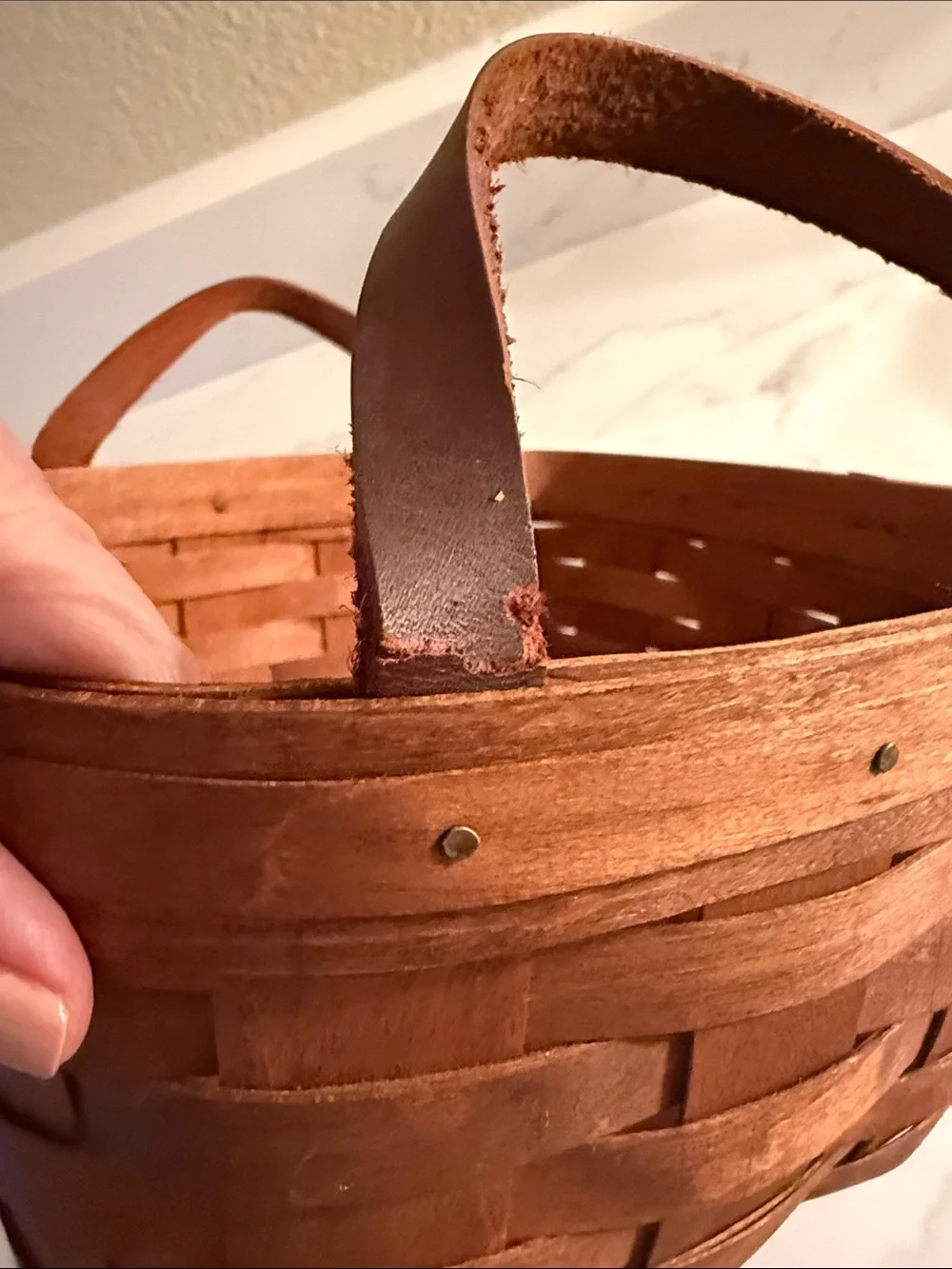 Vintage 19th Century Handwoven Wooden Basket with Leather Handles Signed